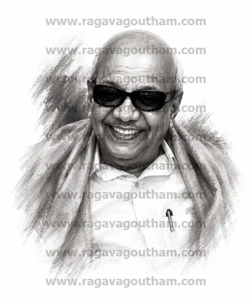 Black and White Pencil Sketch Style Kalaignar Portrait Layout