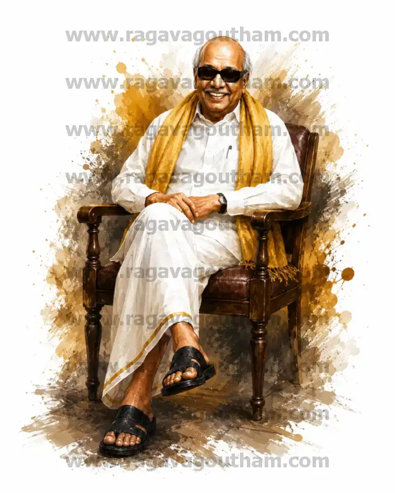 Kalaignar Sitting on Traditional Chair Painting Layout Design