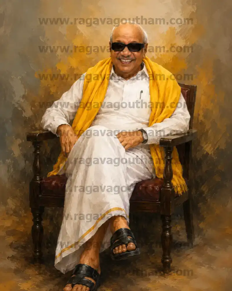 Premium Oil Painting Cutout of Karunanidhi Sitting Portrait PSD